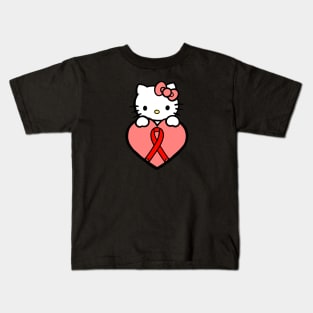 Cartoon cat holding Awareness ribbon (red) Kids T-Shirt